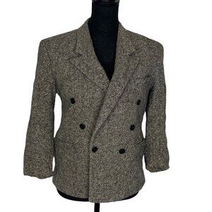 FIRENZA Women Huskey Wool Blazer Size S Gray 3/4 Sleeve Herringbone Pattern